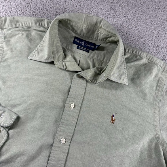 VINTAGE Polo Ralph Lauren Shirt Mens 17 (32/33) Green Classic Fit Flesh Pony - Picture 1 of 7